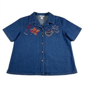 Napa Valley Womens Large Blue Denim Embroidered Short Sleeve Button Up Shirt